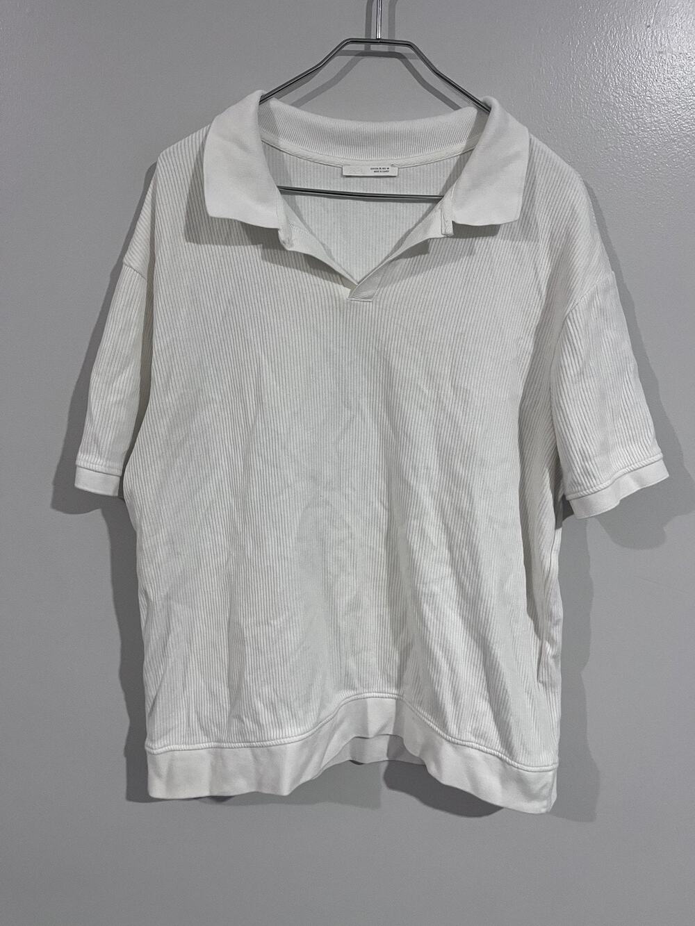 ZARA Polo Shirt Mens XL White Ribbed Short Sleeve Collared Pullover Knit Relaxed